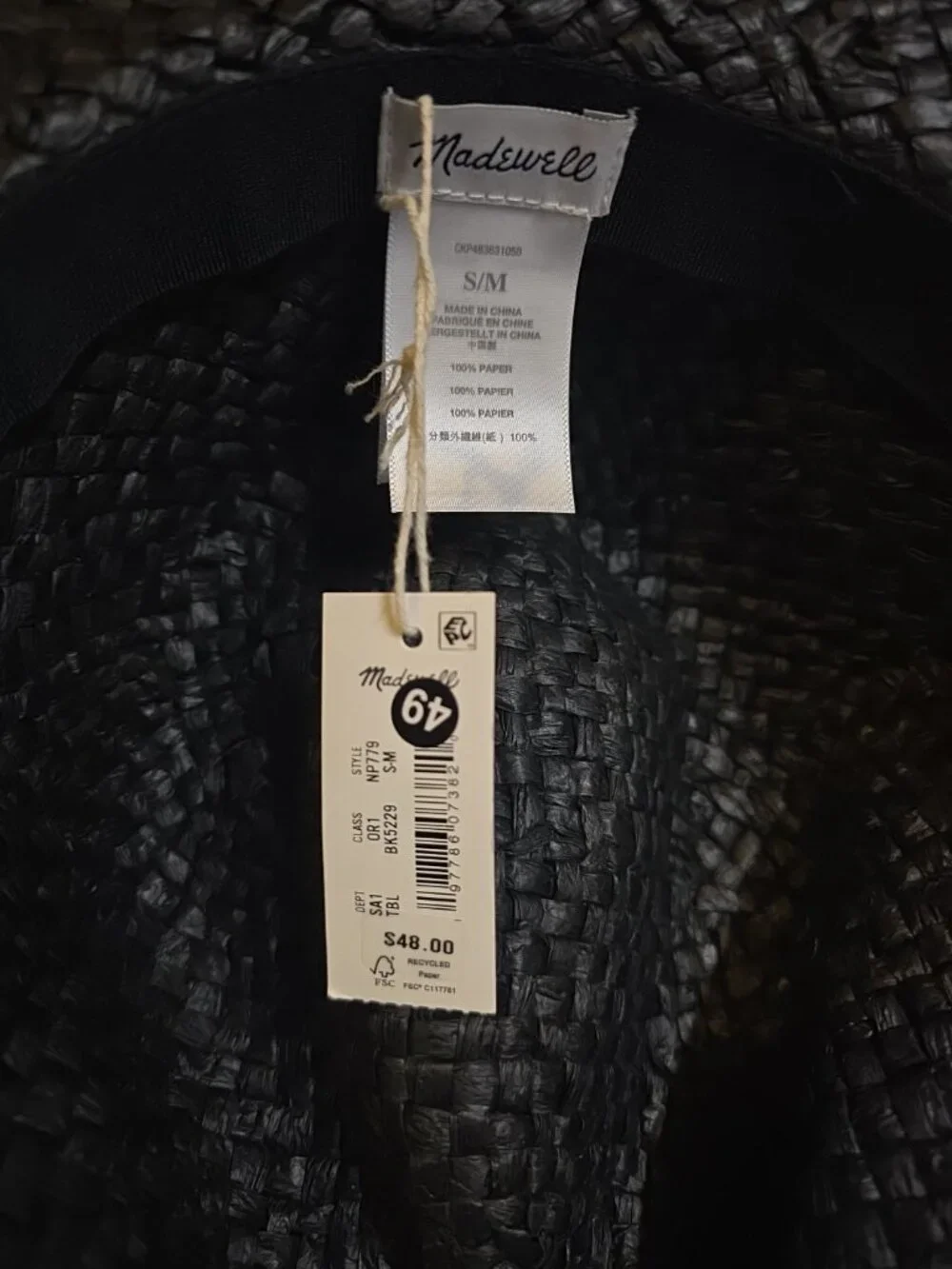 Madewell Packable Straw Hat Black NP779 Panama S/M NEW - Picture 5 of 6